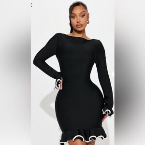 Elegant Black Long-Sleeve Ruffle Hem Dress